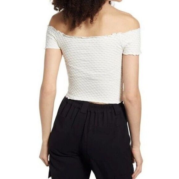 NWT BP Lettuce Hem Textured Stretch Off Shoulder Crop Top Sz M (runs small!) - Picture 3 of 11